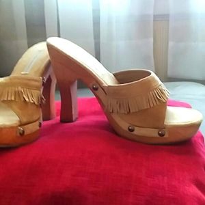 Vintage  wooden slide y2k  suede upper wooden heel